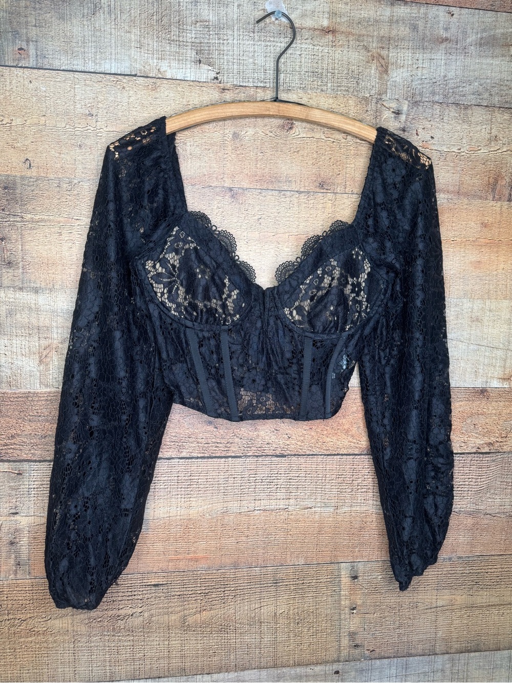 VICI Black Long Sleeve Corset Crop Top Lace Whimsigoth Festival Fairy